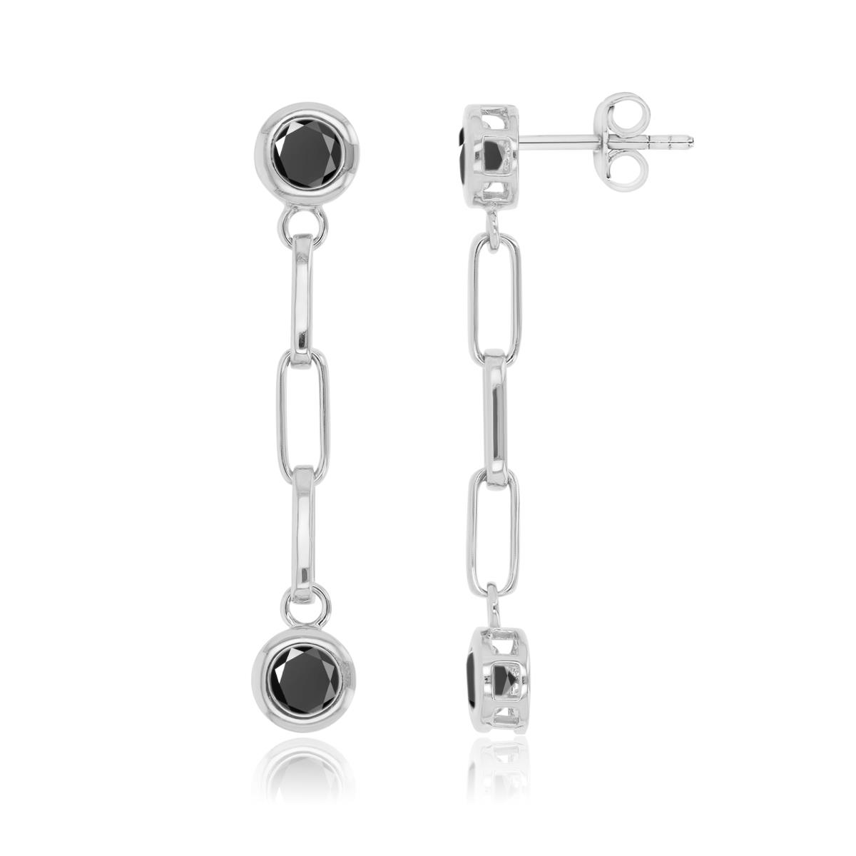 Sterling Silver Rhodium 7x40mm Black Spinel Chain Dangling Earrings