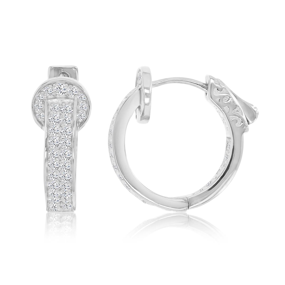 Sterling Silver Rhodium 7.5x19mm White CZ Pave Huggie Earring