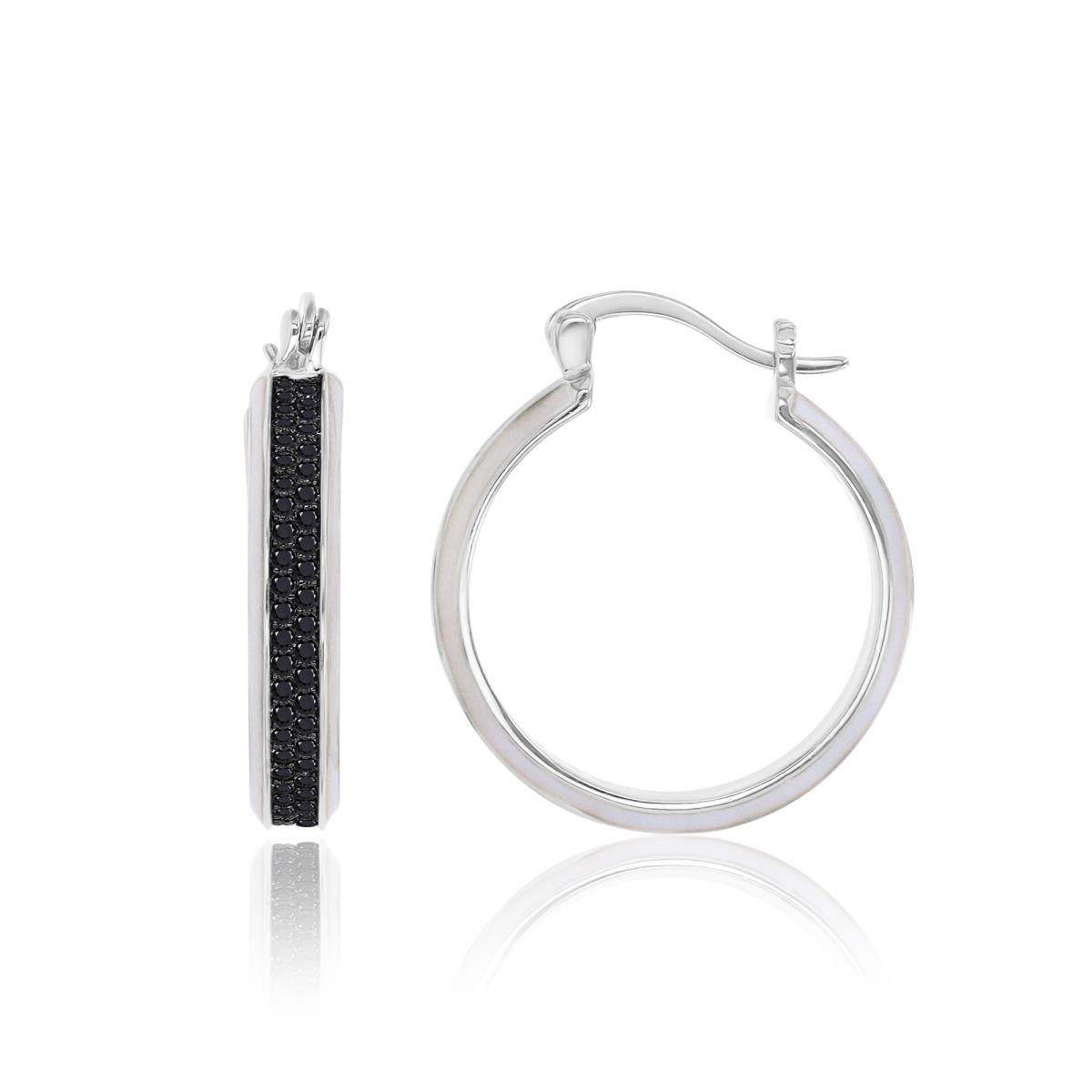 Sterling Silver Black & White  4x22.5mm Black Spinel & White Enamel Pave Hoop Earrings