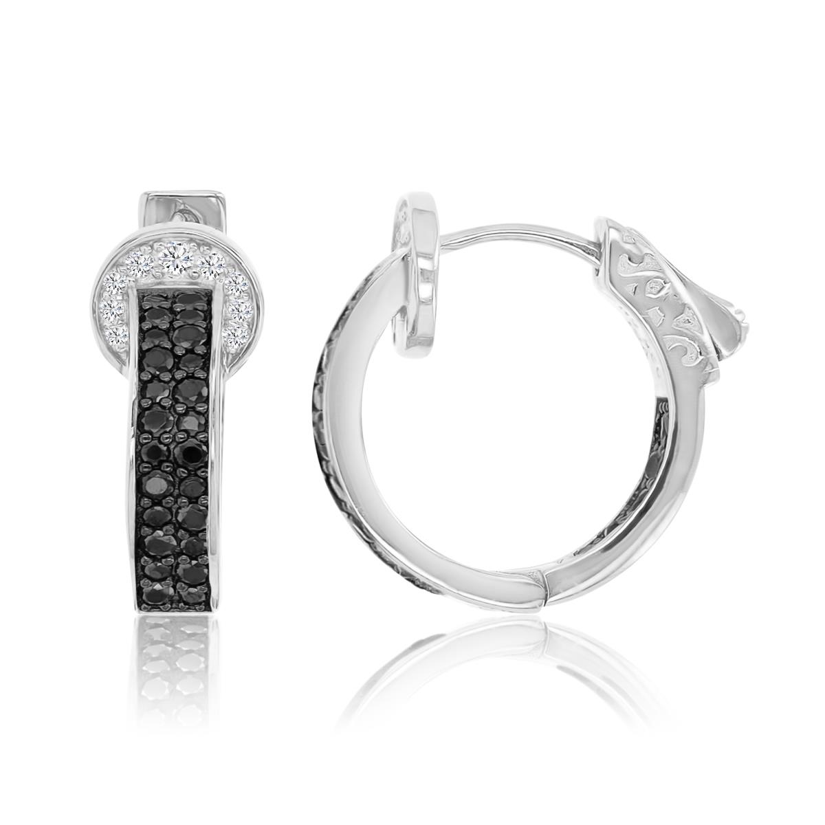 Sterling Silver Rhodium 7.5x19mm Created White Sapphire & Black Spinel Pave Huggie Earring