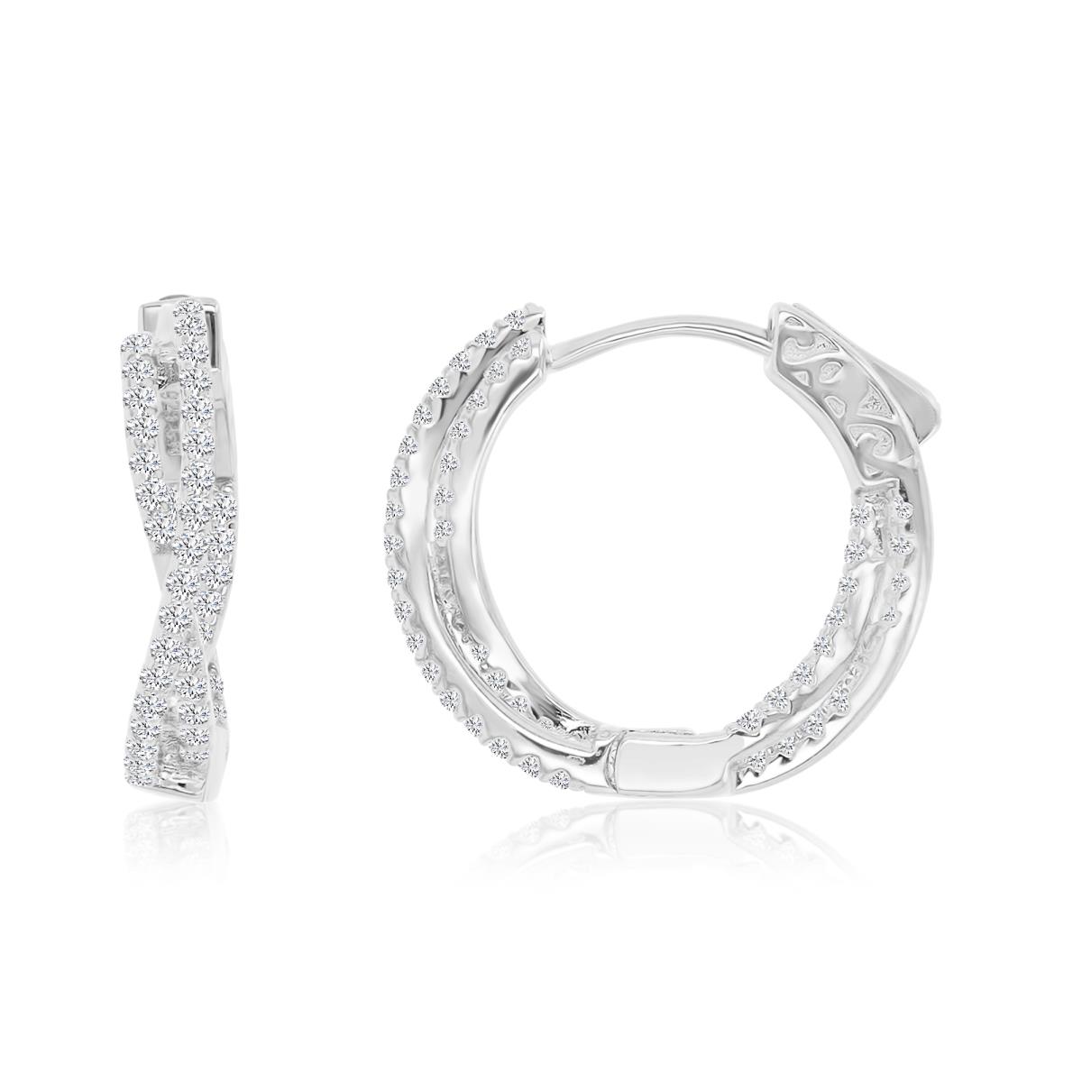 Sterling Silver Rhodium 3.5x18.5mm White CZ Crossover Hoop Earrings
