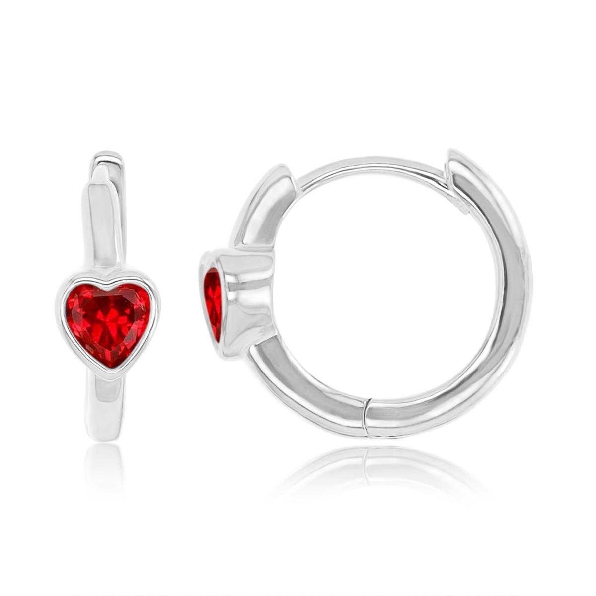 Sterling Silver Rhodium 4.7x12.3mm Heart Shape Created Ruby Huggie Earrings