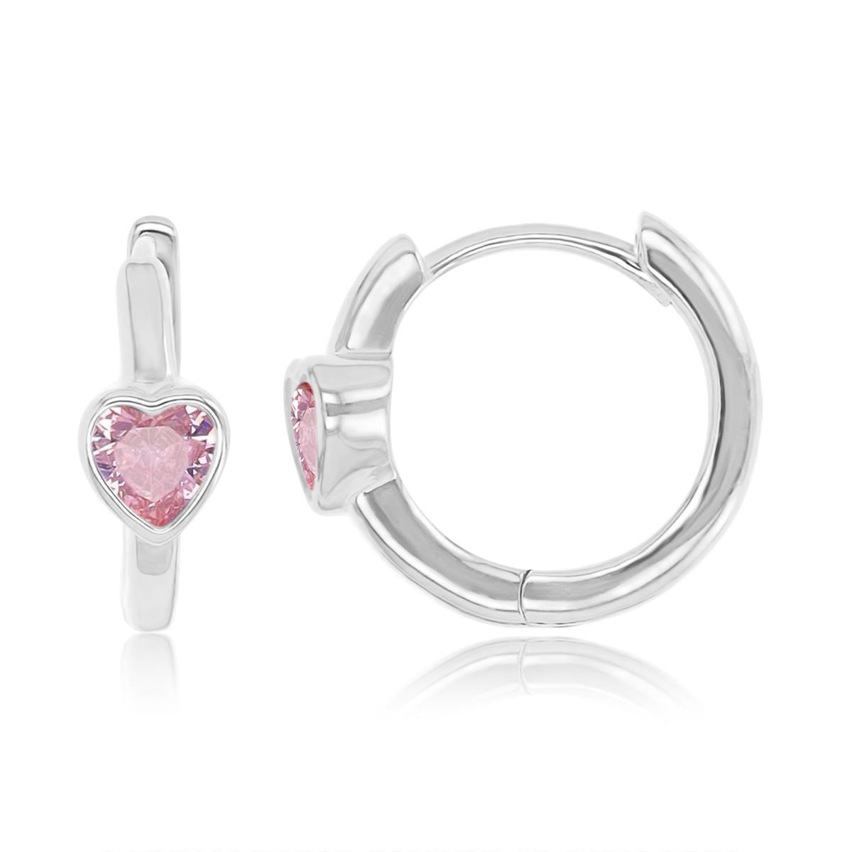 Sterling Silver Rhodium 4.7x12.3mm Heart Shape Pink CZ Huggie Earrings