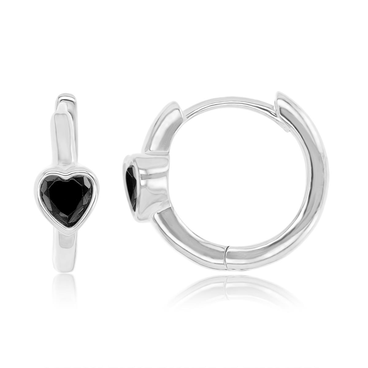 Sterling Silver Rhodium 4.7x12.3mm Heart Shape Black Spinel Huggie Earrings