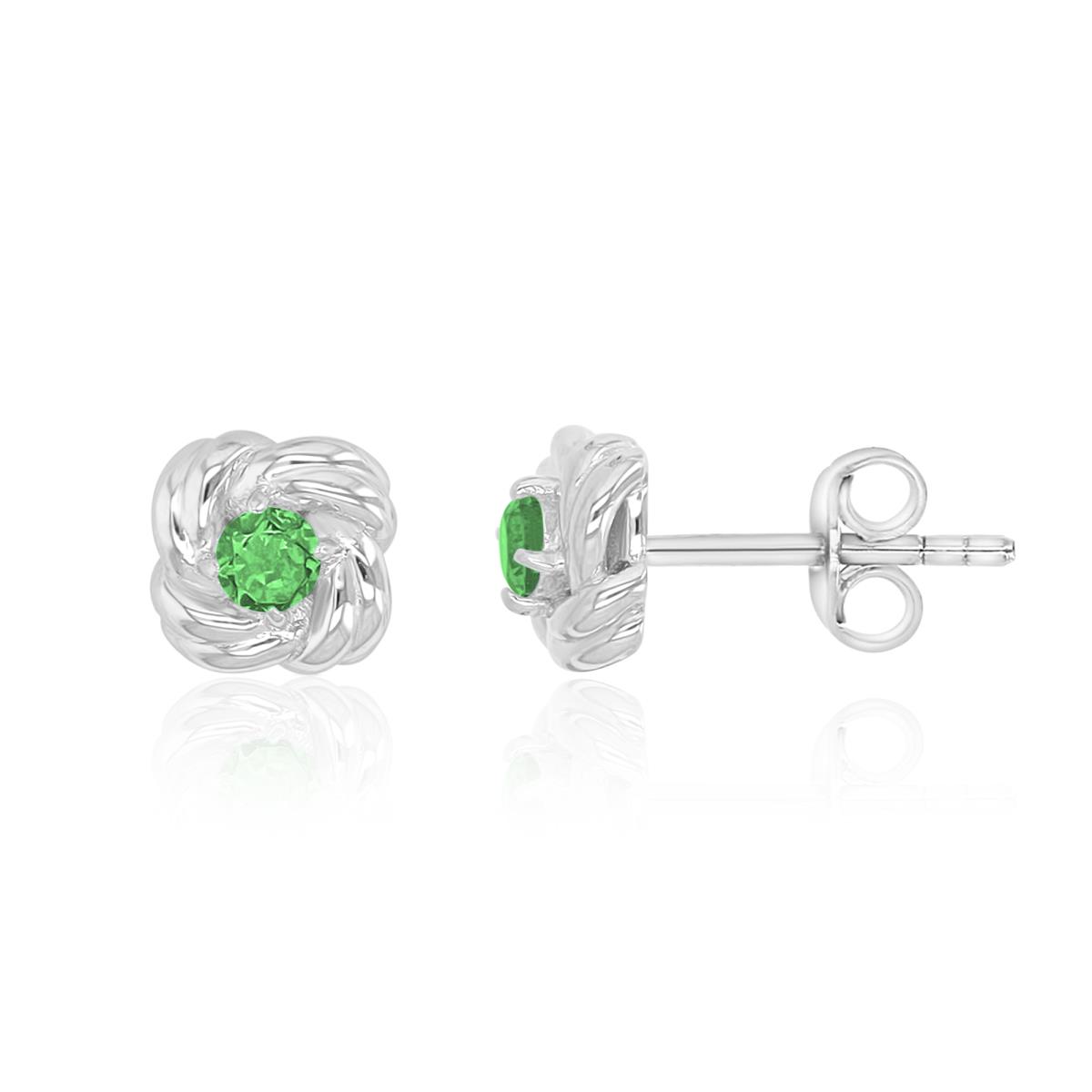 Sterling Silver Rhodium 7mm Round Green CZ Love Knot  Stud Earrings