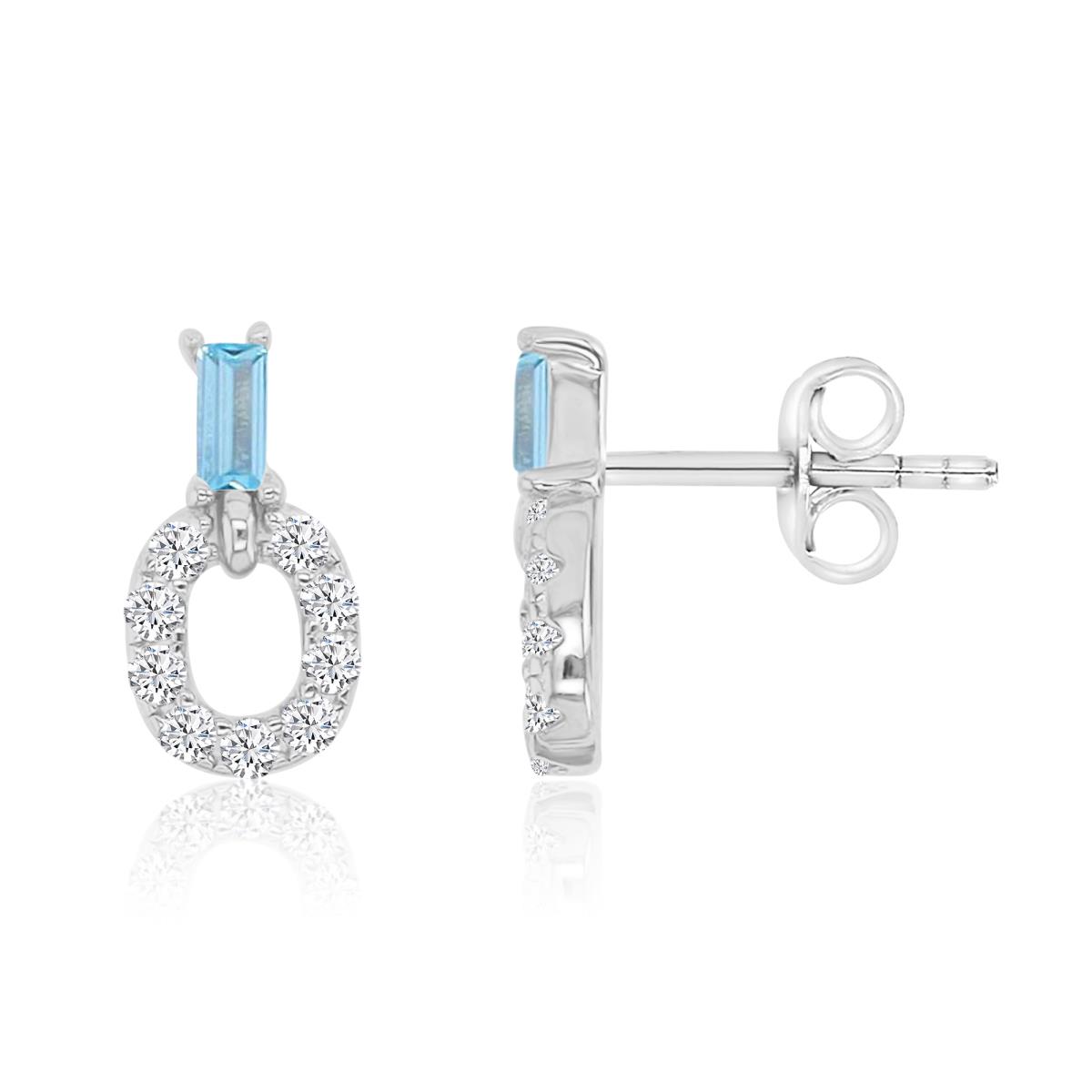 Sterling Silver Rhodium 5X9.6 Baguette & Oval Light Blue & White CZ Stud Earrings