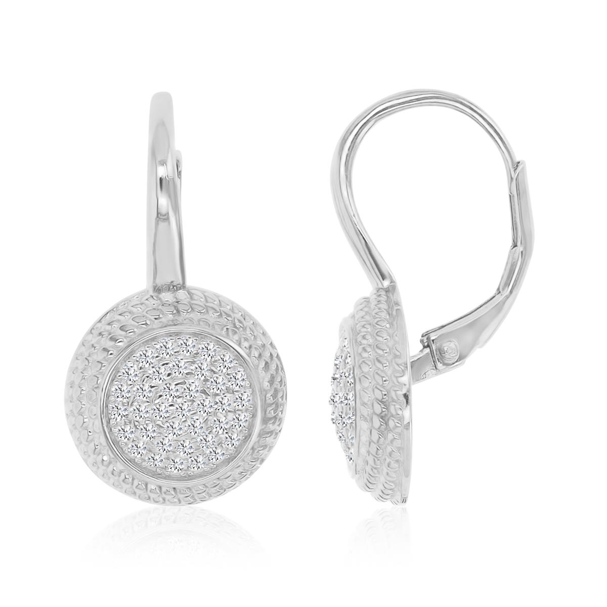 Sterling Silver Rhodium 12x21.5mm White CZ Round Pave Lever Back Earrings