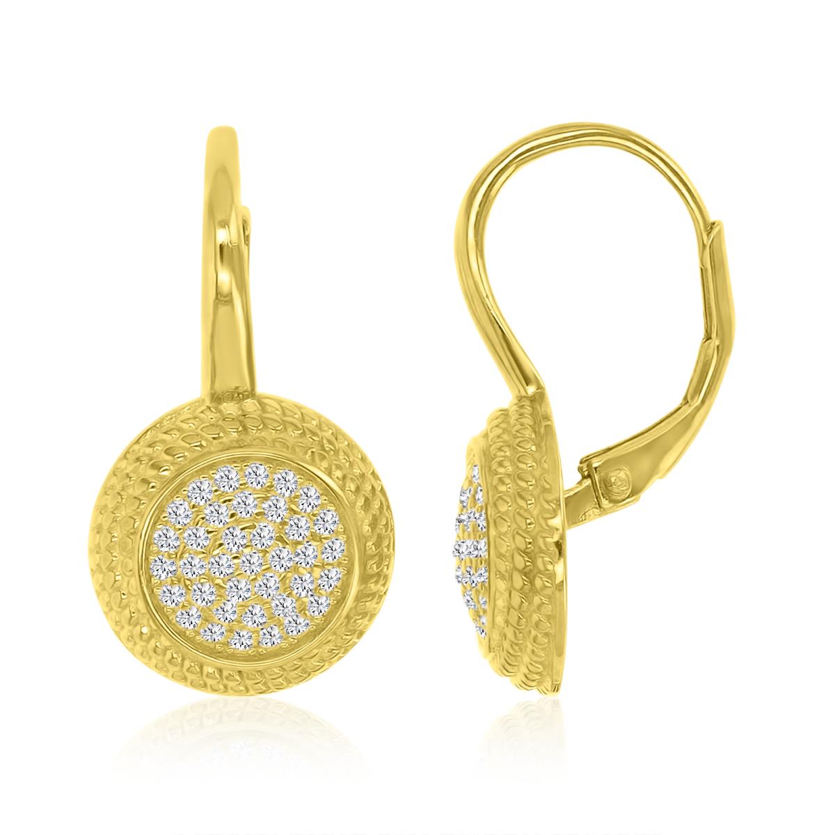 Sterling Silver Yellow 12x21.5mm White CZ Round Pave Lever Back Earrings