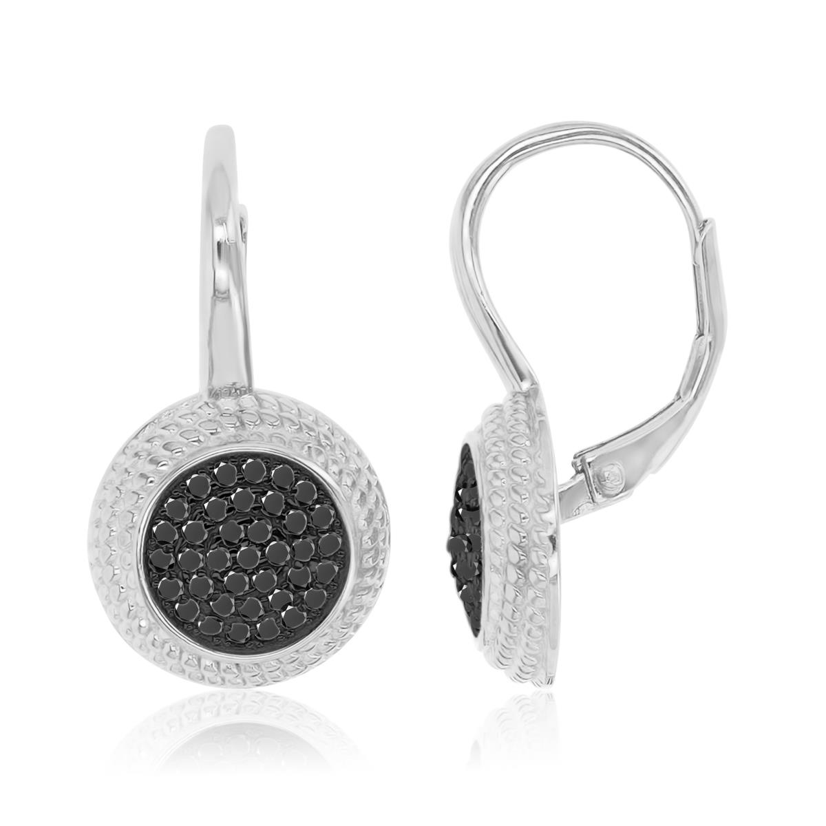 Sterling Silver Black & White 12x21.5mm Black Spinel Round Pave Lever Back Earrings