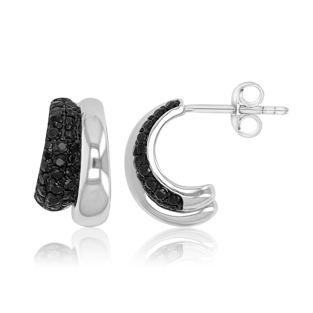 Sterling Silver Black & White 8.3x14mm Black Spinel Double C Shaped Hoop Earrings