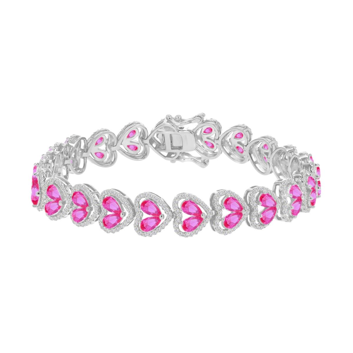 Sterling Silver Rhodium 9.7mm Created Pink & Created White Sapphire Heart Tennis 7.25" Bracelet
