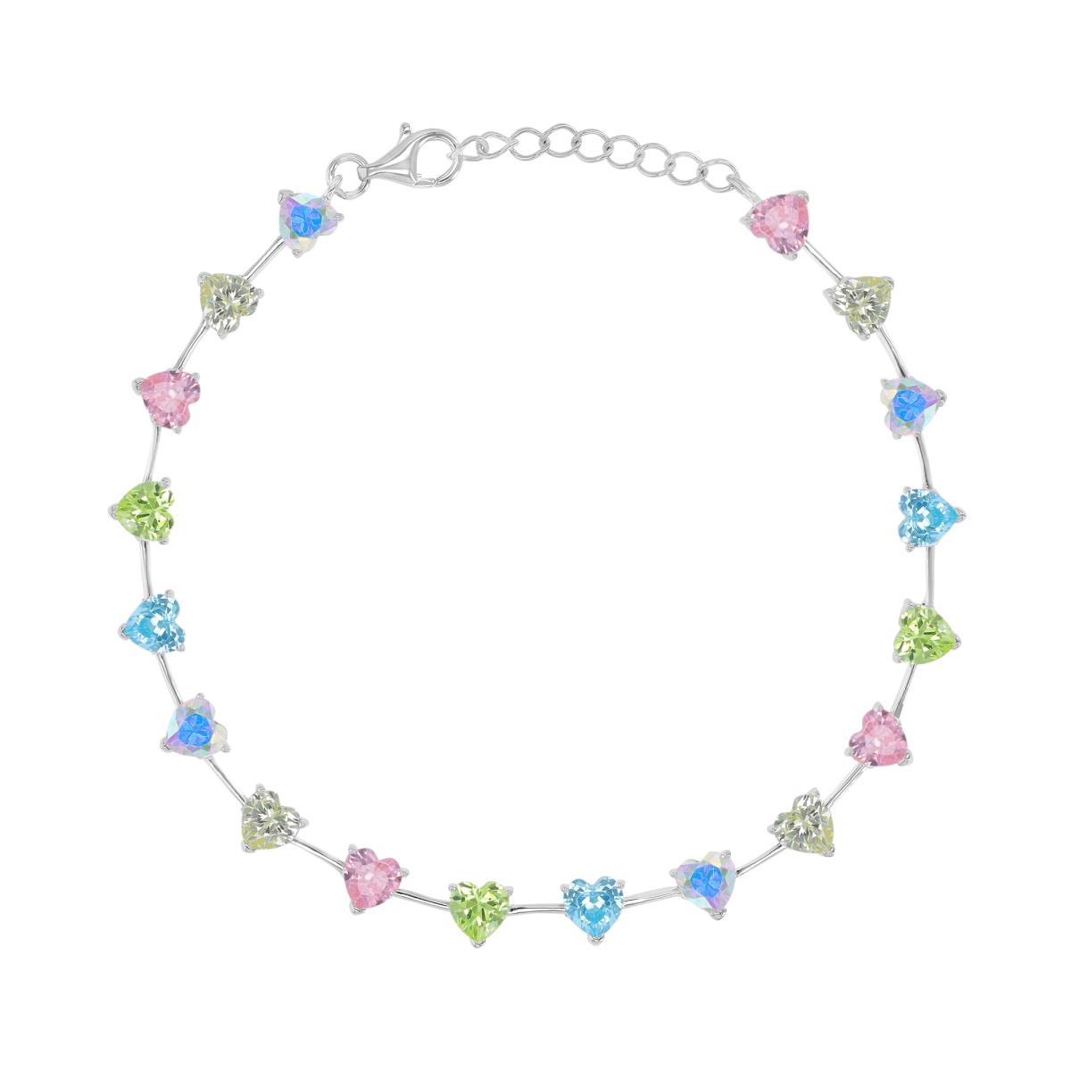 Sterling Silver Rhodium 5.6mm AB & Canary Yellow & Pink & Pale Green & Light Blue CZ Heart Stations 7+1" Bracelet