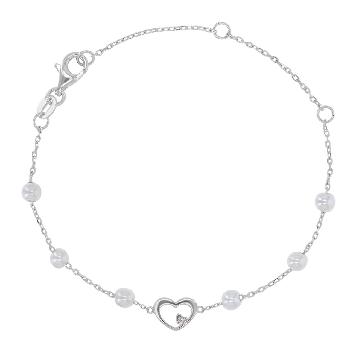 Sterling Silver Rhodium 4mm Simulated White Pearl & Pink CZ Heart  5+1+1" Bracelet