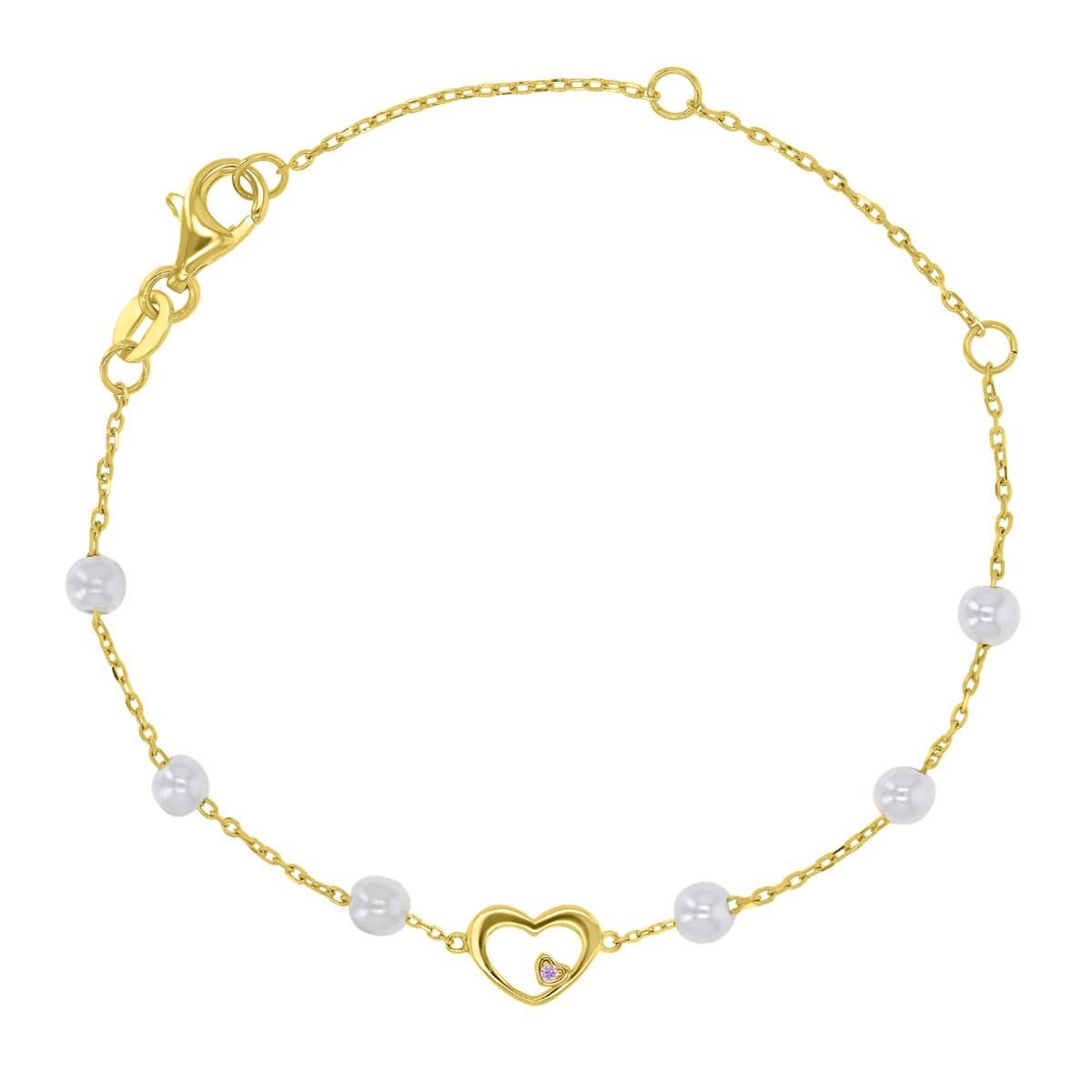 Brass Yellow 4mm Fresh Water White Pearl & Lavender CZ Heart  5+1+1" Bracelet