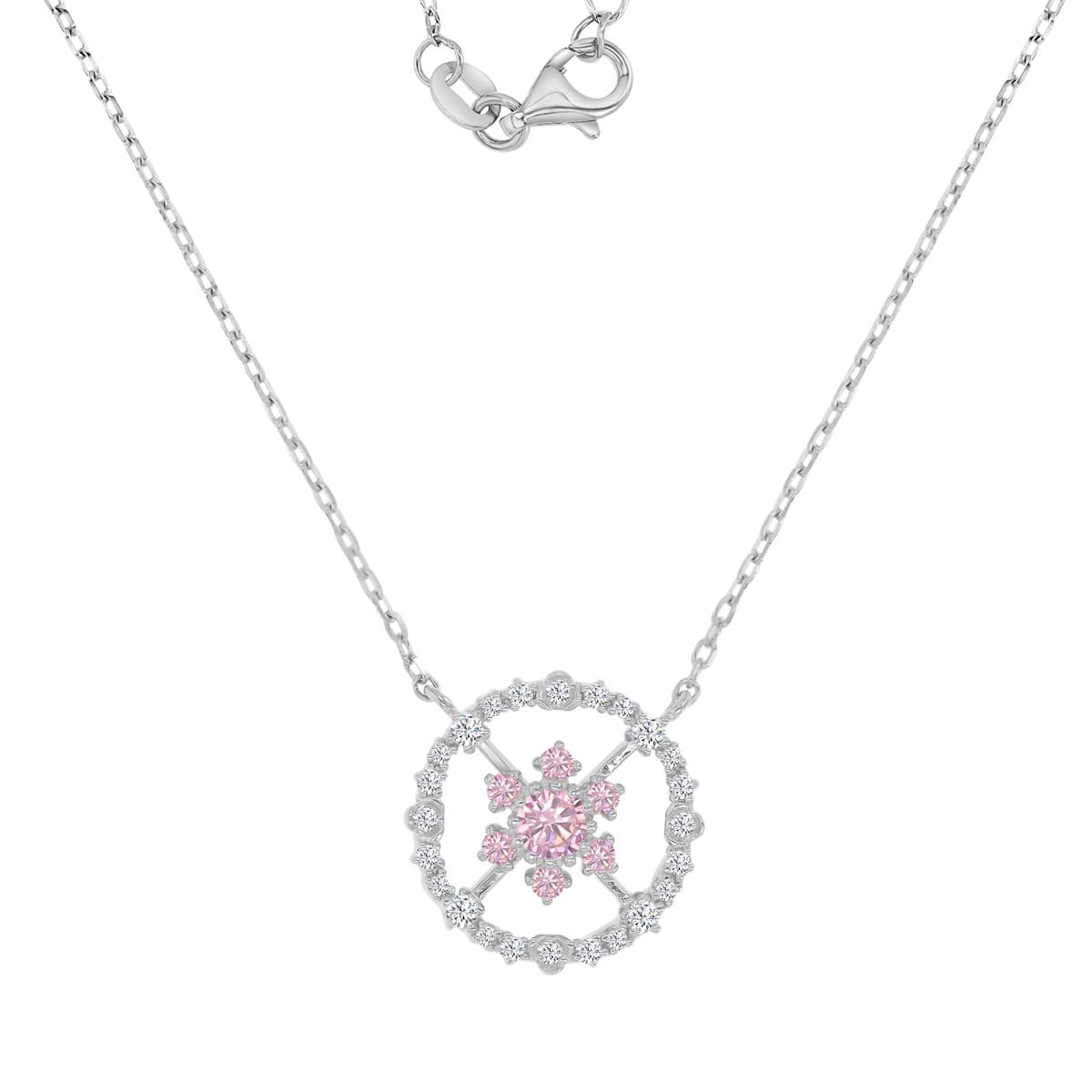 Sterling Silver Rhodium 15X15mm Pink CZ & White CZ Compass 16+2" Necklace