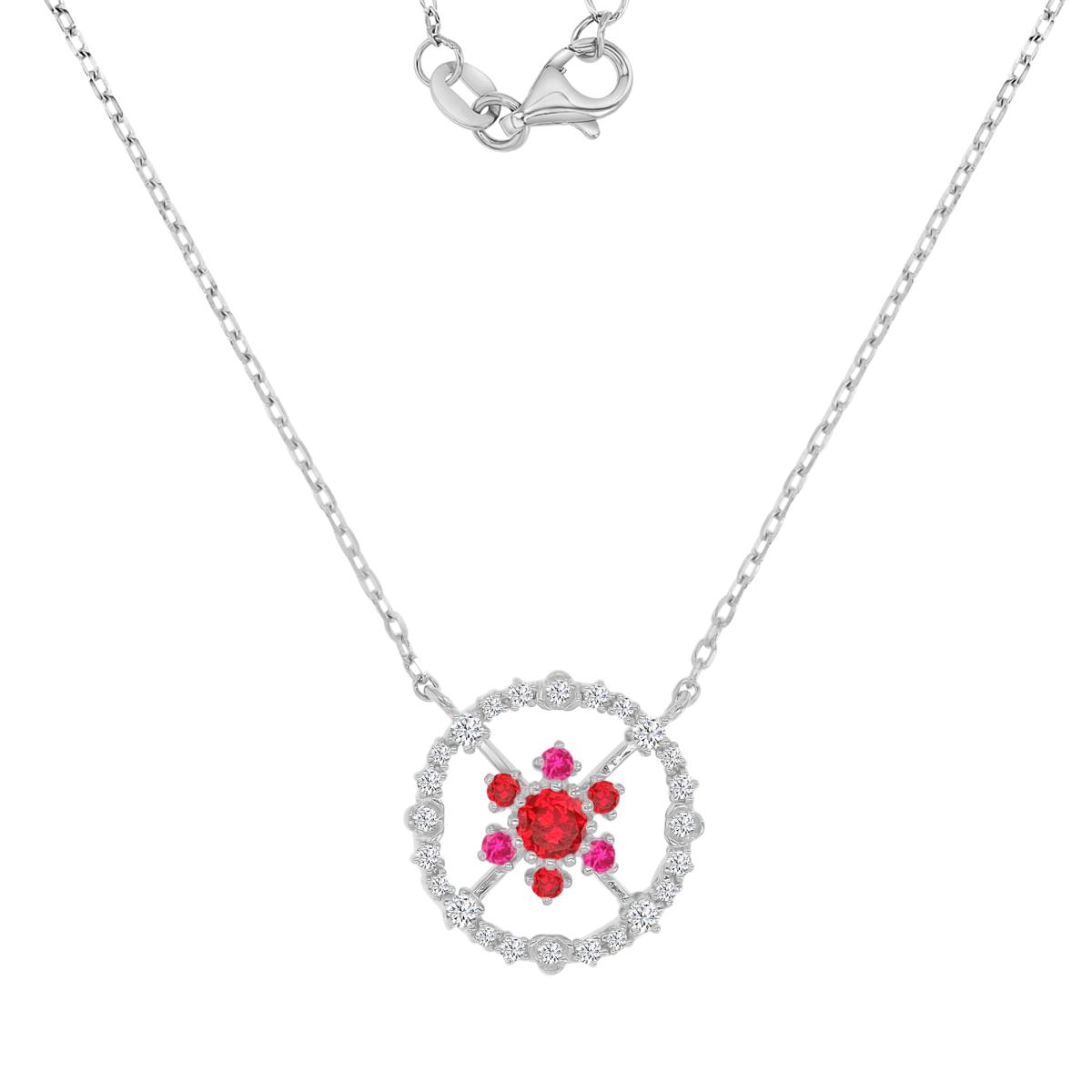 Sterling Silver Rhodium 15X15mm Created Ruby & Created White Sapphire Compass 16+2" Necklace