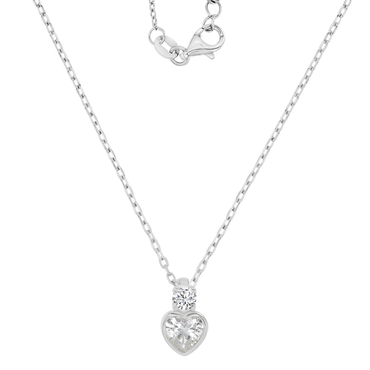 Sterling Silver Rhodium 6X9.5mm Heart Cut White CZ Rolo Chain 13+2" Necklace