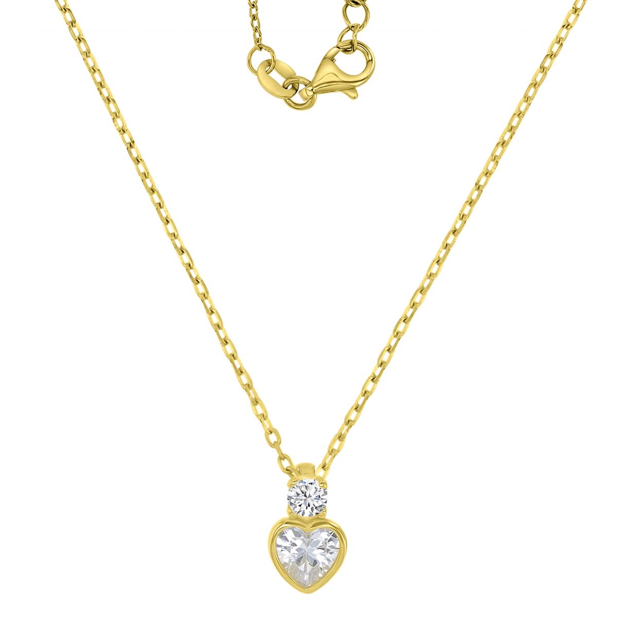 Brass Yellow 6X9.5mm Heart Cut White CZ Rolo Chain 13+2" Necklace