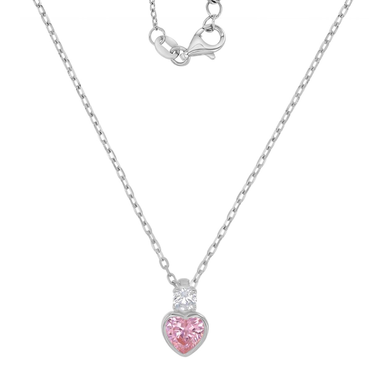 Sterling Silver Rhodium 6X9.5mm Heart Cut Pink & White CZ Rolo Chain 13+2" Necklace