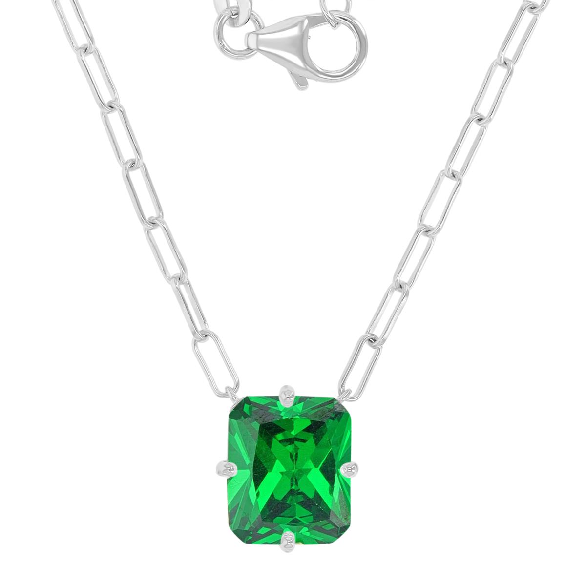 Sterling Silver Rhodium 10x12mm Radiant Cut Green CZ Paperclip Chain 18+2" Necklace