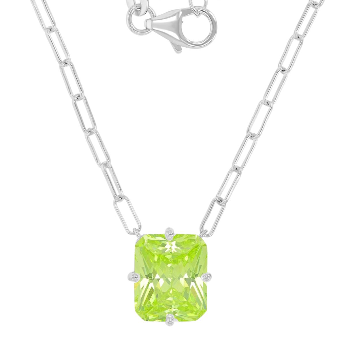 Sterling Silver Rhodium 10x12mm Radiant Cut Pale Green CZ Paperclip Chain 18+2" Necklace