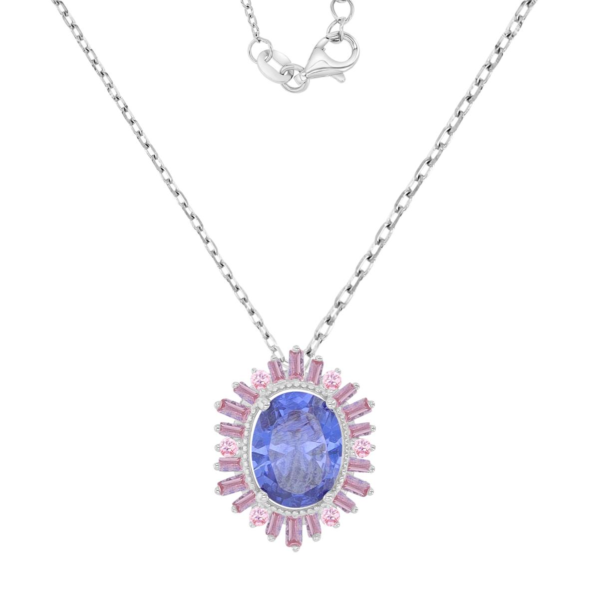 Sterling Silver Rhodium 12.7x16mm Oval & Baguette Tanzanite & Pink CZ Rolo Chain 18+2 Necklace