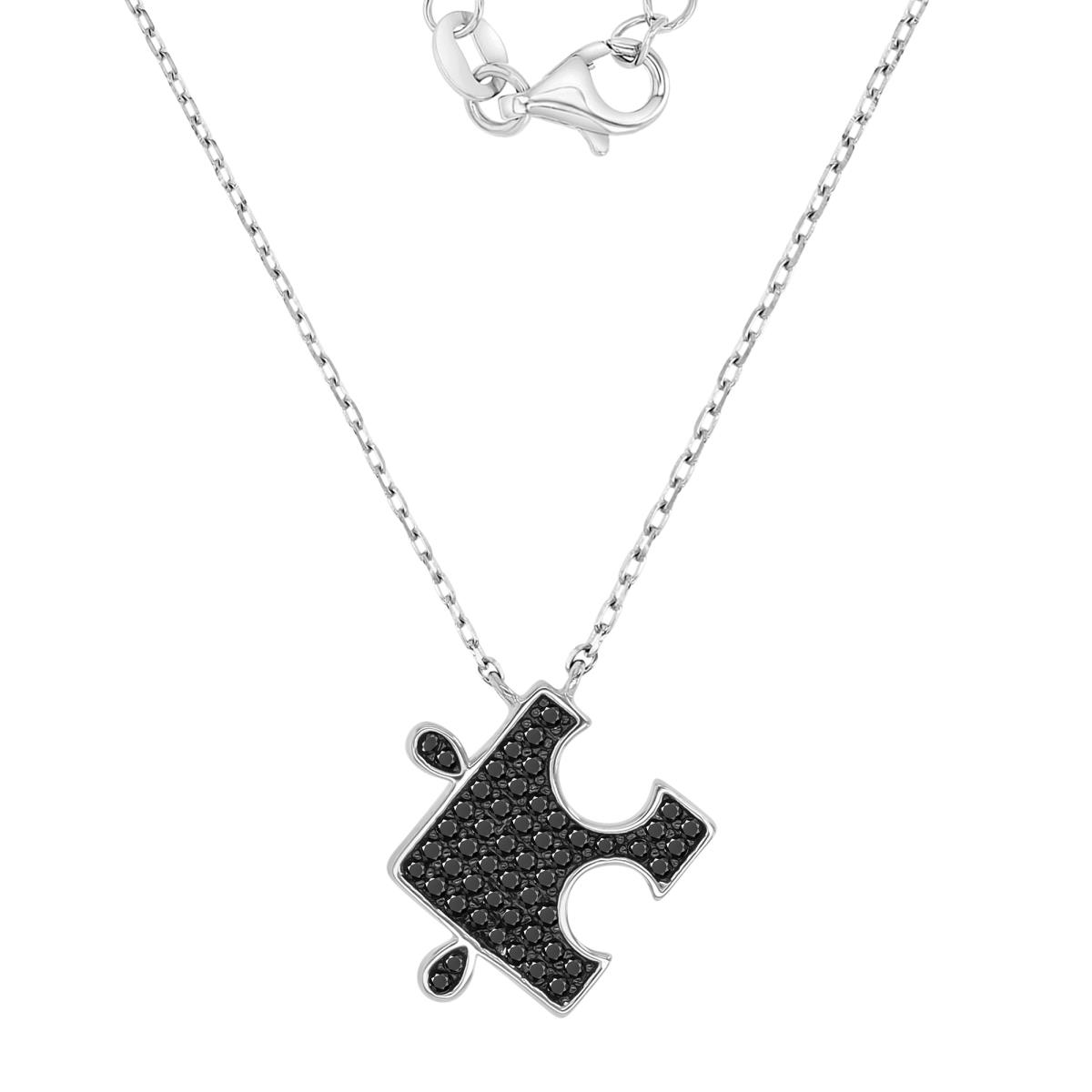 Sterling Silver Black & White 14X15mm Black Spinel Puzzle Piece 16+2" Necklace