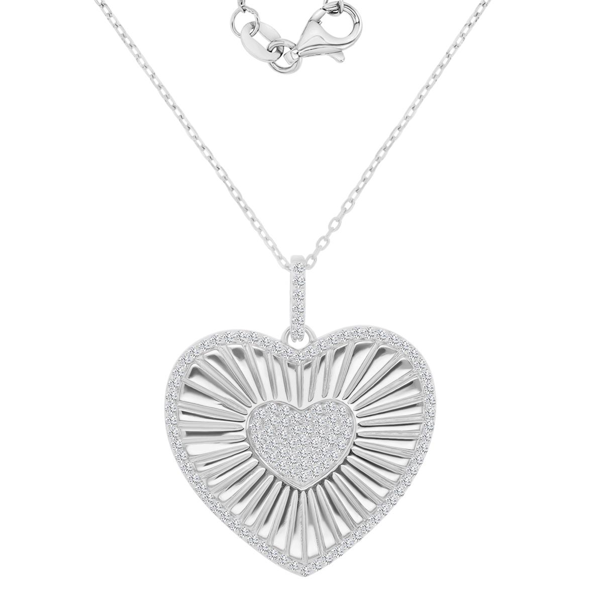 Sterling Silver Rhodium 26x31mm White CZ Fluted Heart 18+2 Necklace