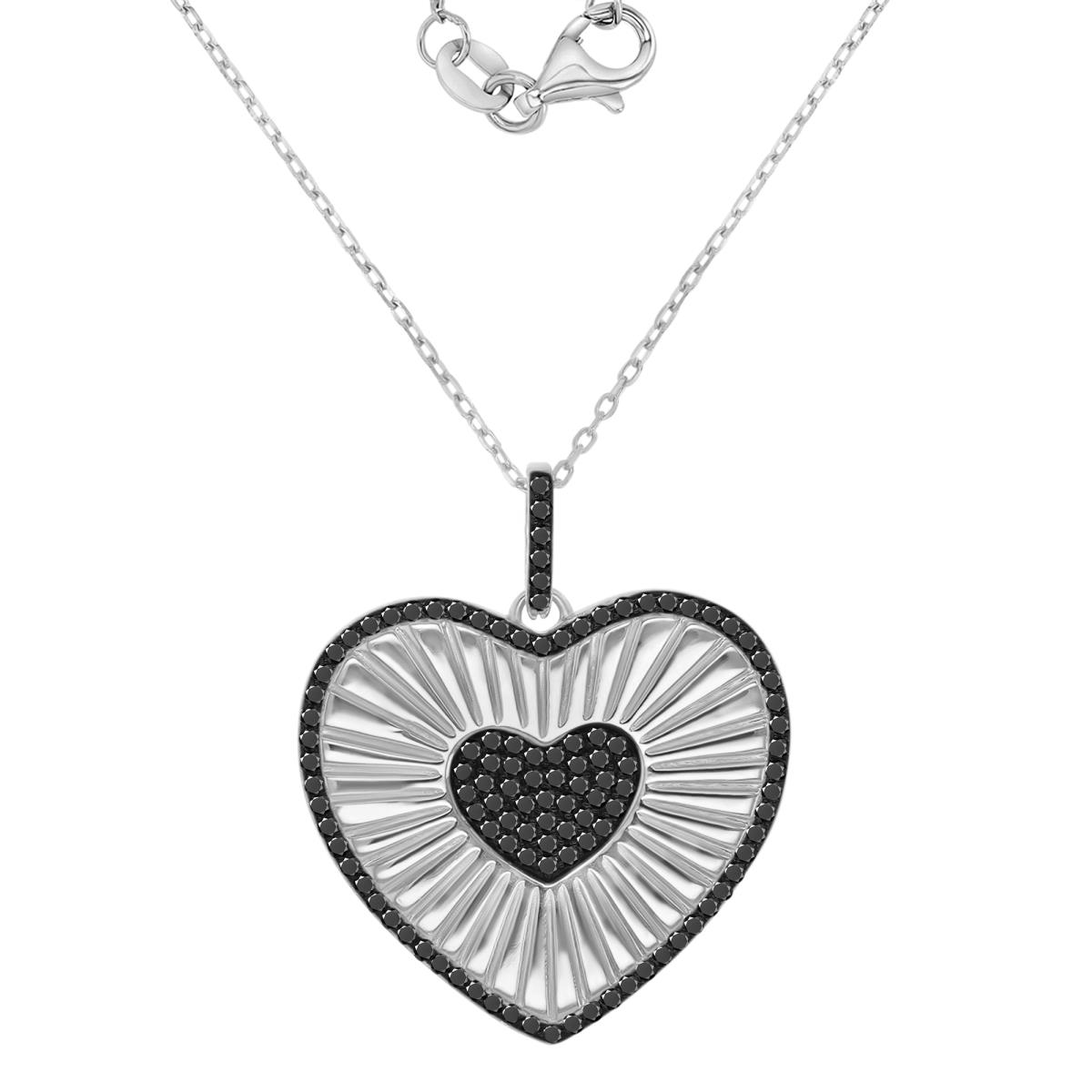 Sterling Silver Black & White 26x31mm Black Spinel Fluted Heart 18+2" Necklace