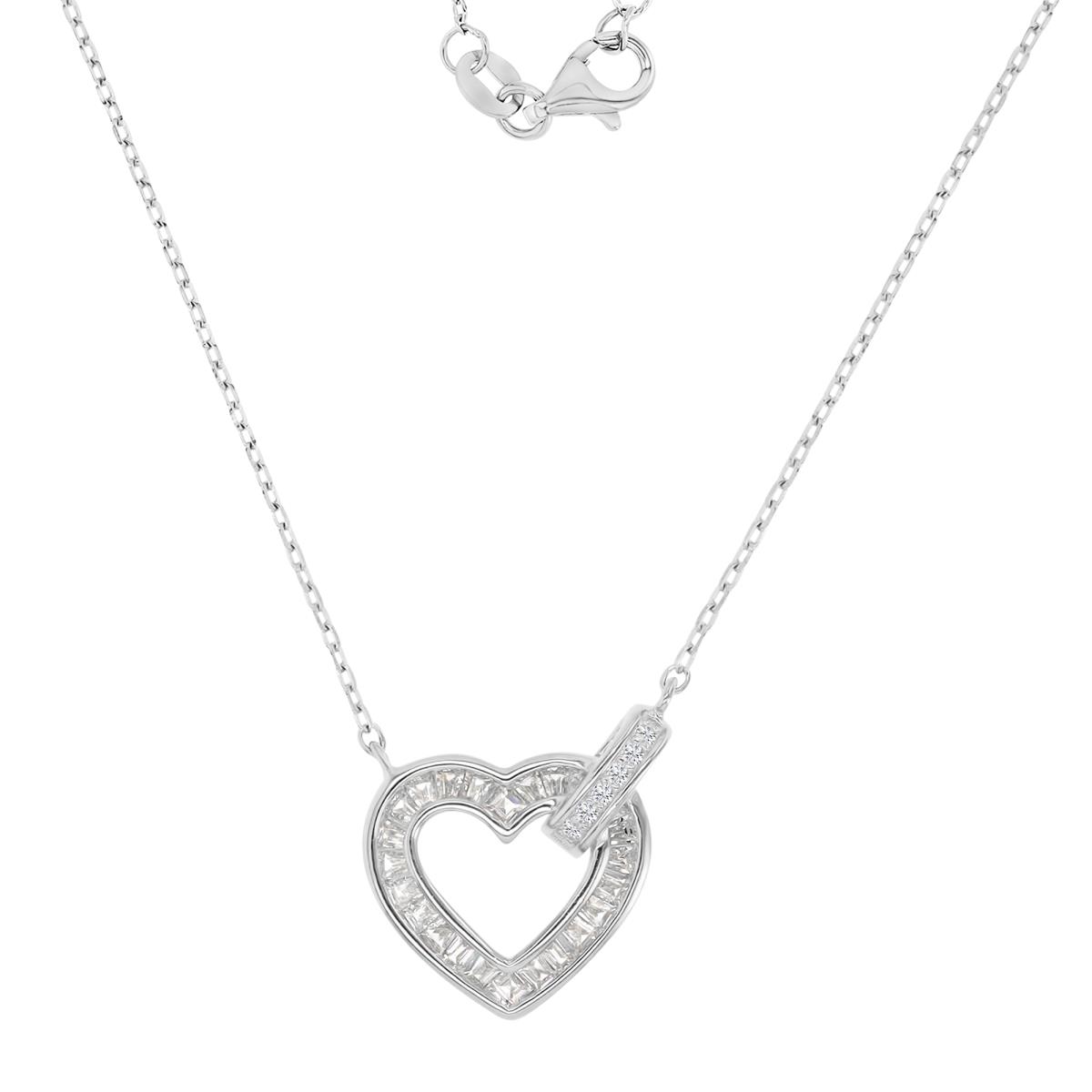 Sterling Silver Rhodium 13x14mm Baguette White CZ Heart Rolo Chain 16+2" Necklace