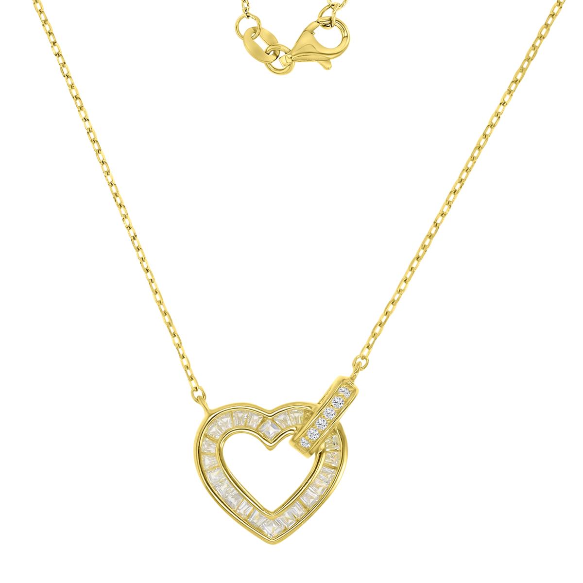 Sterling Silver Yellow 13x14mm Baguette White CZ Heart Rolo Chain 16+2" Necklace