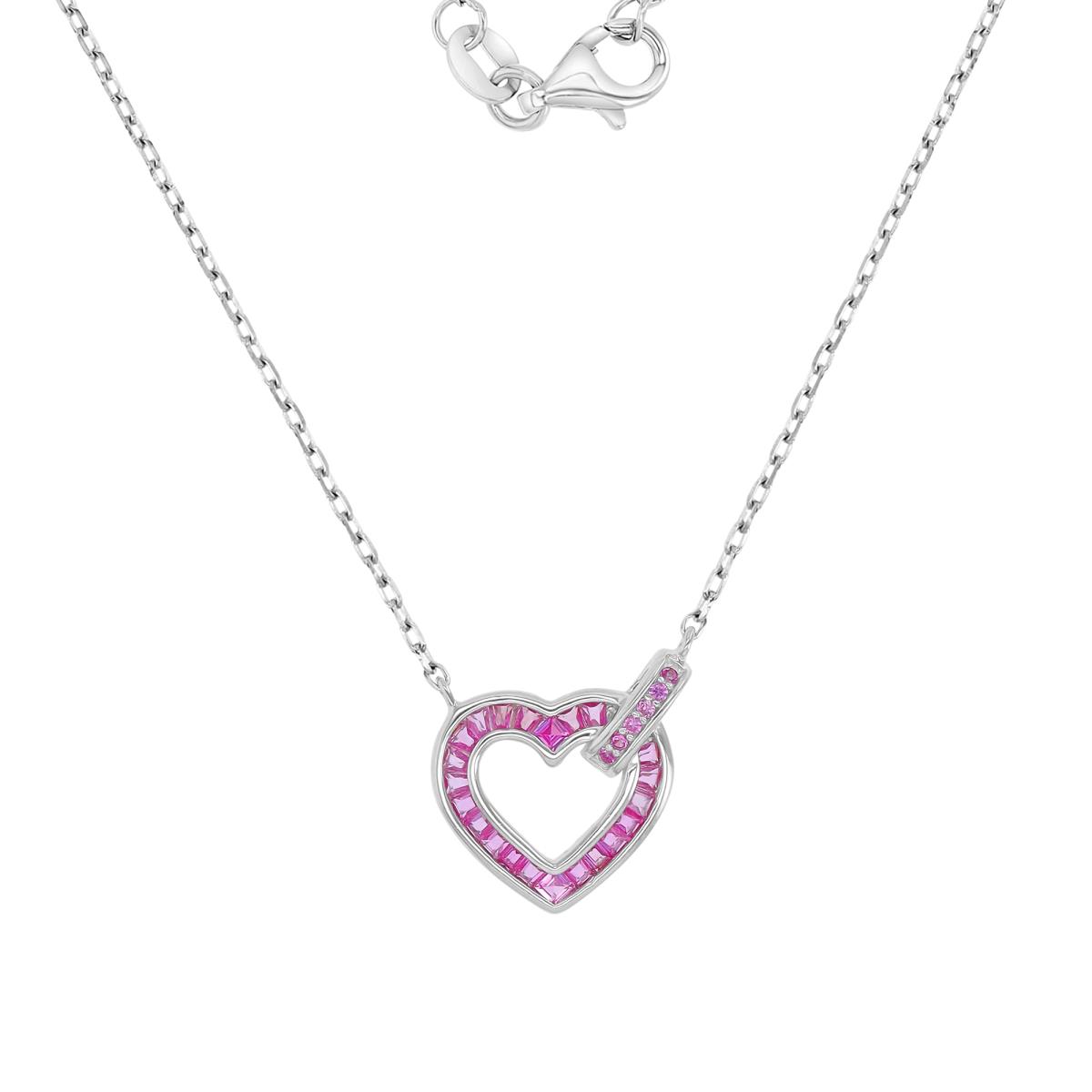 Sterling Silver Rhodium 13x14mm Baguette Created Pink Sapphire Heart Rolo Chain 16+2" Necklace