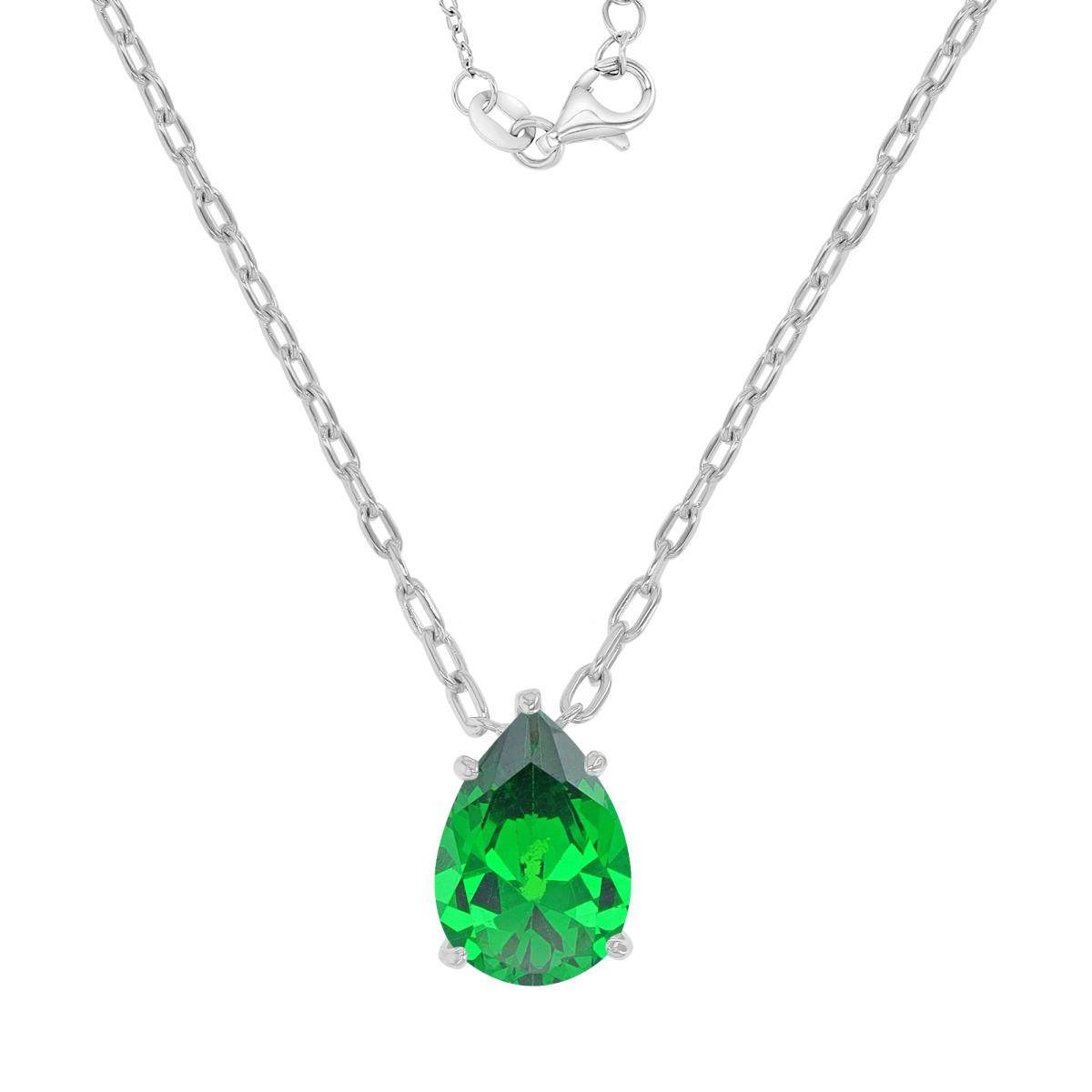 Sterling Silver Rhodium 10x15mm Pear Shaped Green CZ 18+2" Necklace