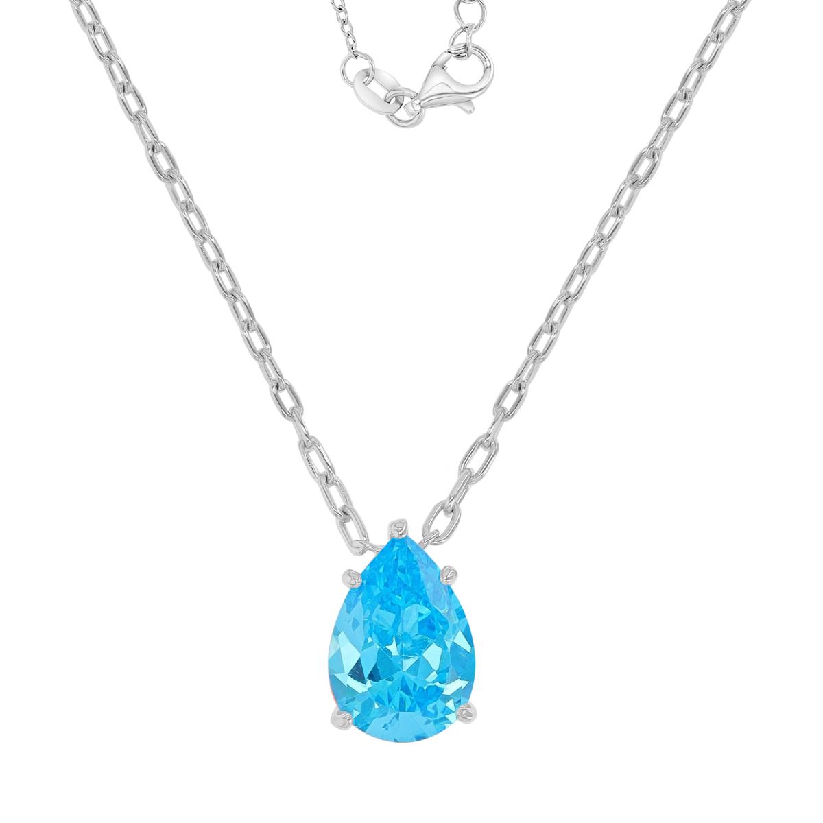 Sterling Silver Rhodium 10x15mm Pear Shaped Aqua Blue CZ 18+2" Necklace