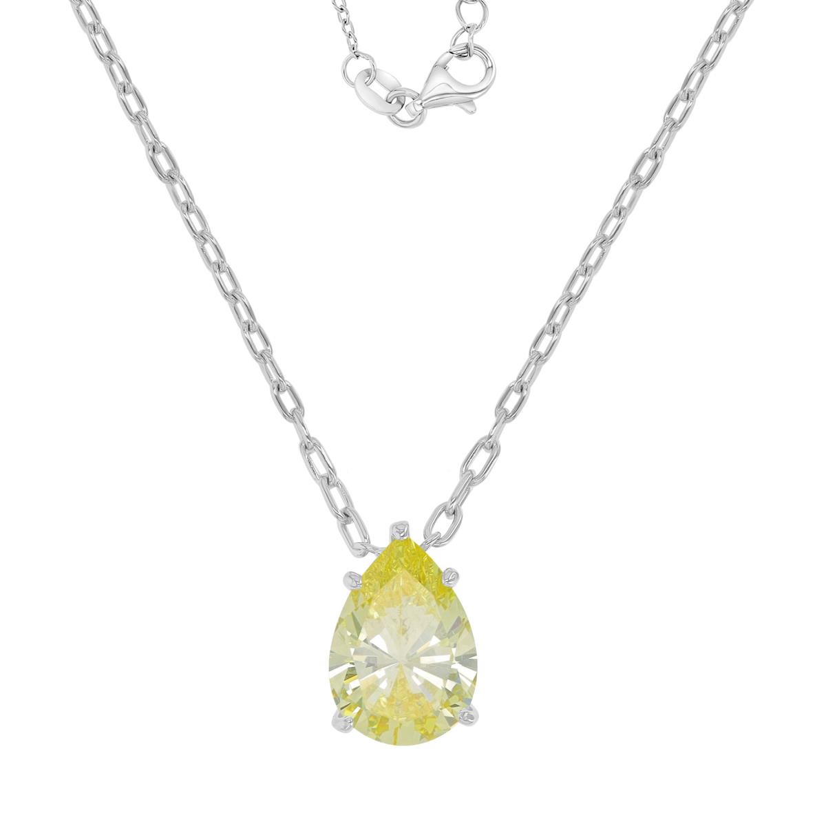 Sterling Silver Rhodium 10x15mm Pear Shaped Canary Yellow CZ 18+2" Necklace