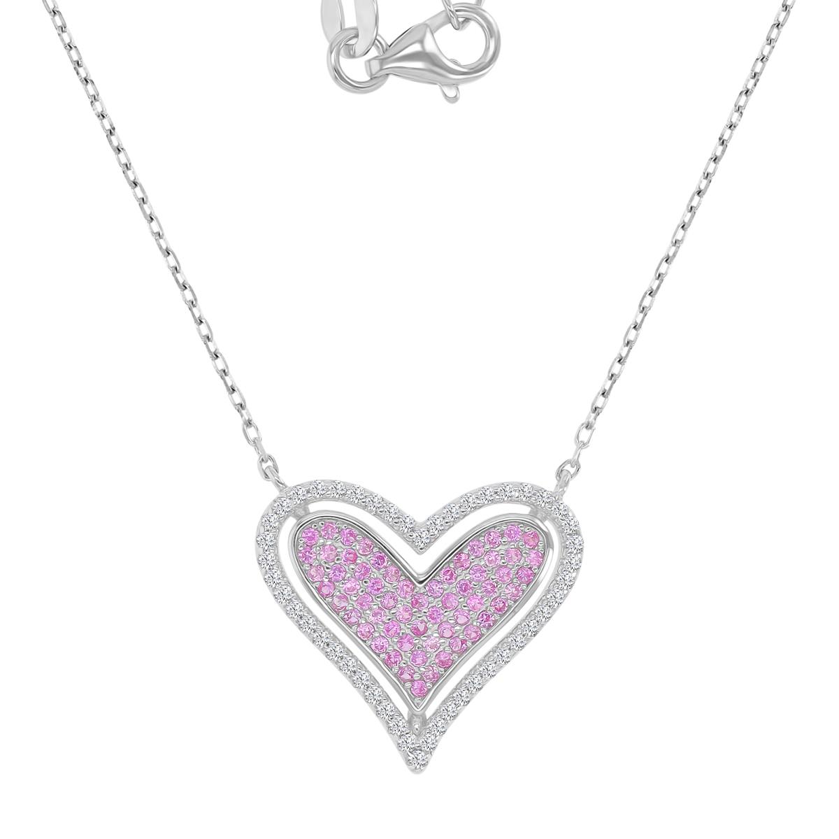 Sterling Silver Rhodium 17.5x19mm Created Pink & White Sapphire Pave Dangling Heart 18+2" Necklace