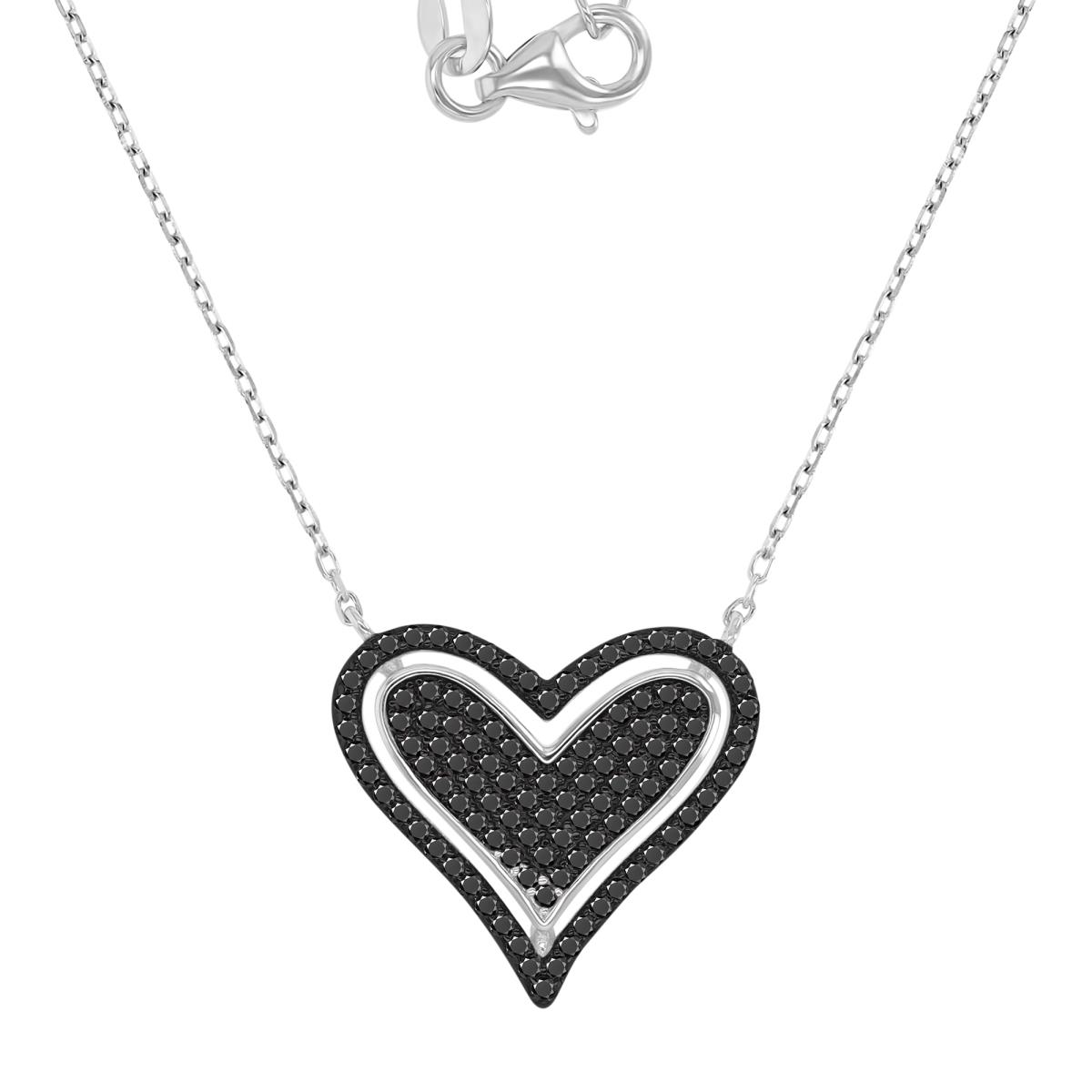 Sterling Silver Black & White 17.5x19mm Black Spinel Pave Dangling Heart 18+2" Necklace