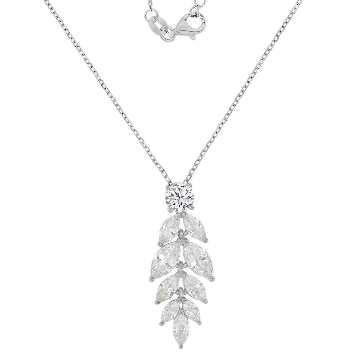 Sterling Silver Rhodium 11.5x29mm Marquise Shaped White CZ Dangling Leaf 18+2" Necklace