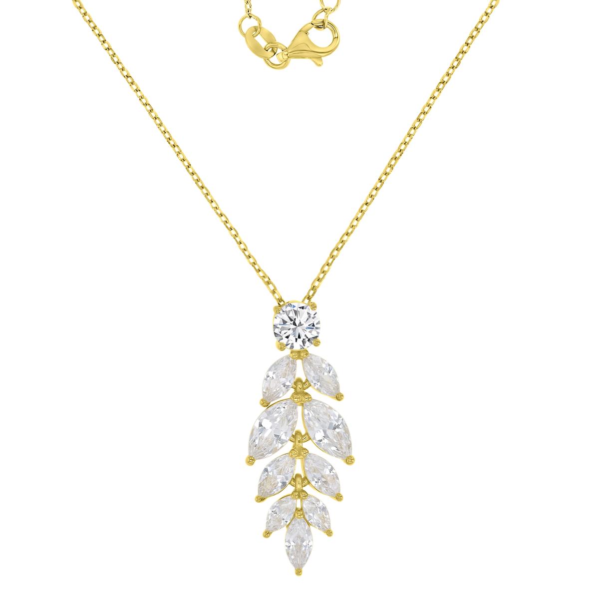 Sterling Silver Yellow 11.5x29mm Marquise Shaped White CZ Dangling Leaf 18+2" Necklace