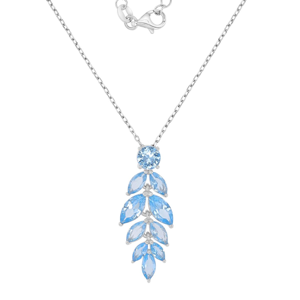 Sterling Silver Rhodium 11.5x29mm Marquise Shaped Aqua Blue CZ Dangling Leaf 18+2" Necklace