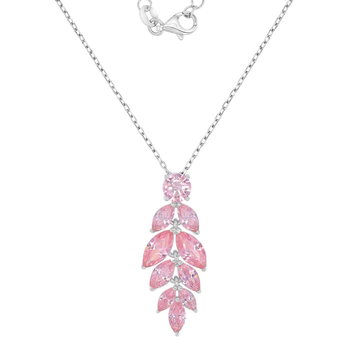 Sterling Silver Rhodium 11.5x29mm Marquise Shaped Pink CZ Dangling Leaf 18+2" Necklace