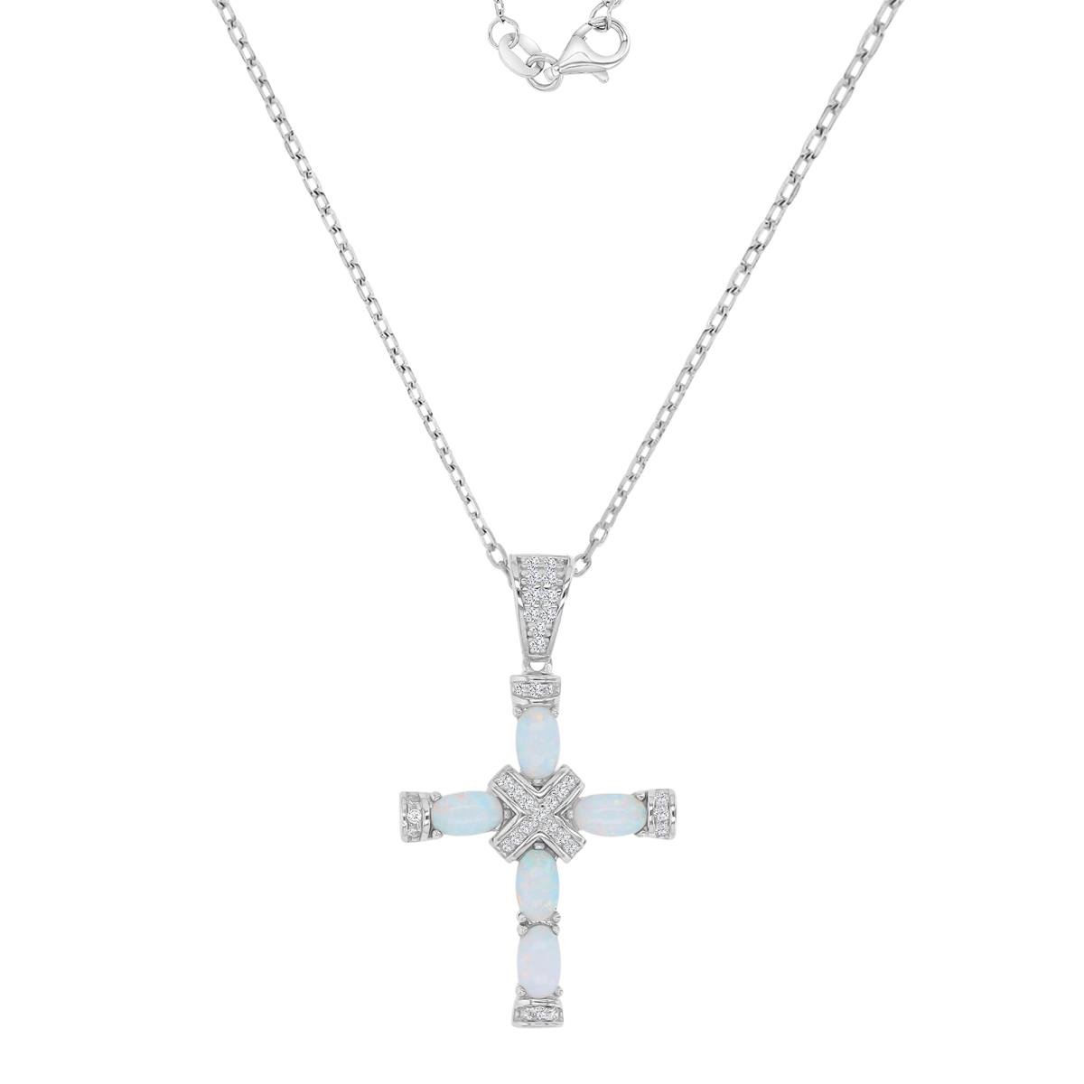 Sterling Silver Rhodium 19x32mm Created White Opal & White CZ Cross 18+2" Necklace