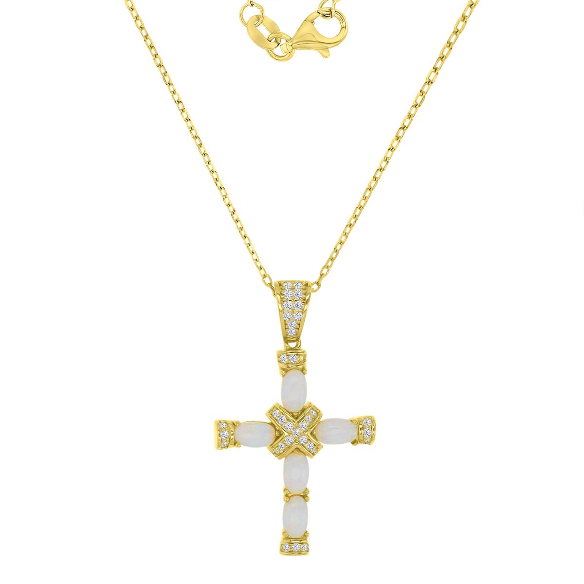 Brass Yellow 19x32mm Created White Opal & White CZ Cross 18+2" Necklace