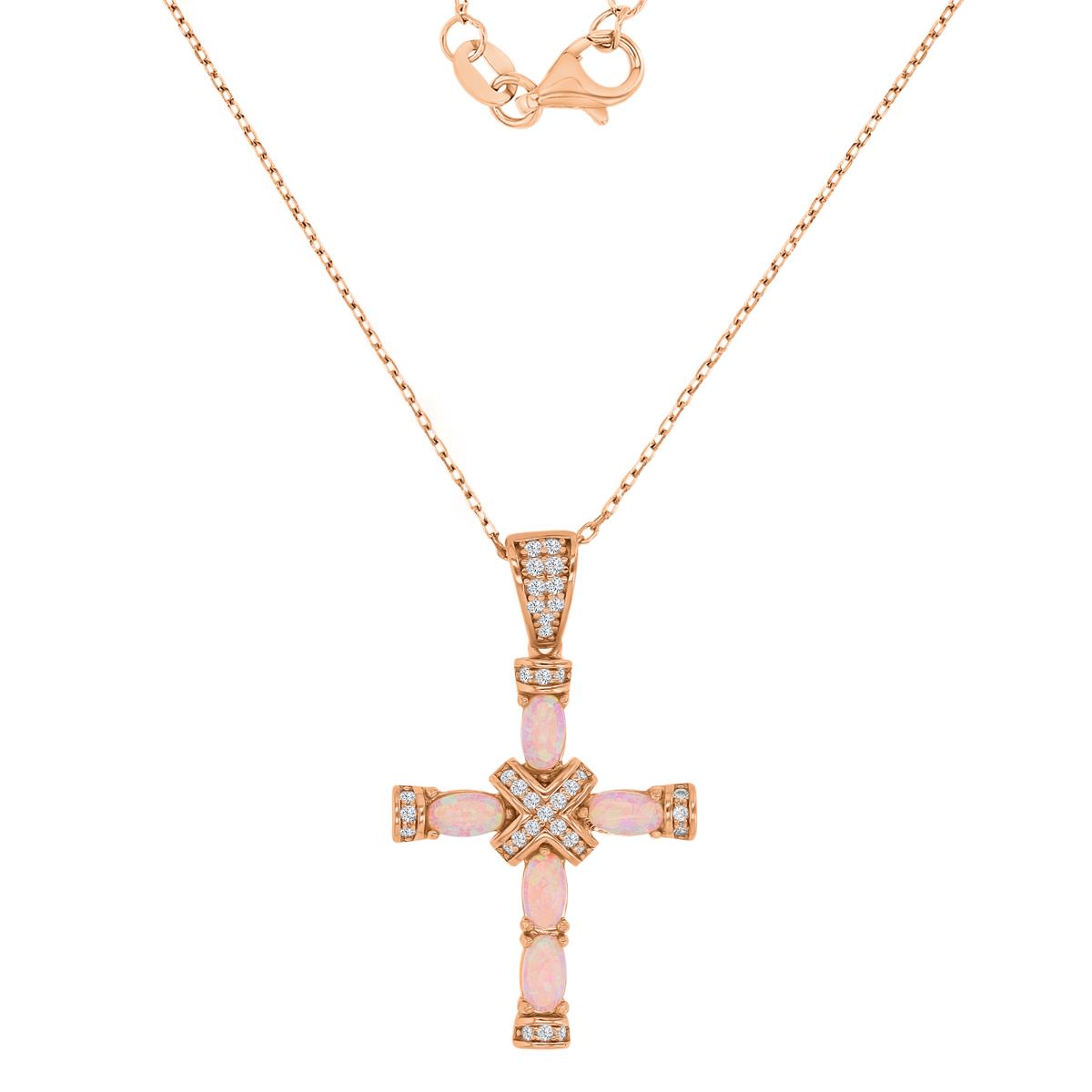 Sterling Silver Rose 19x32mm Created Pink Opal & Created White Sapphire Cross 18+2" Necklace