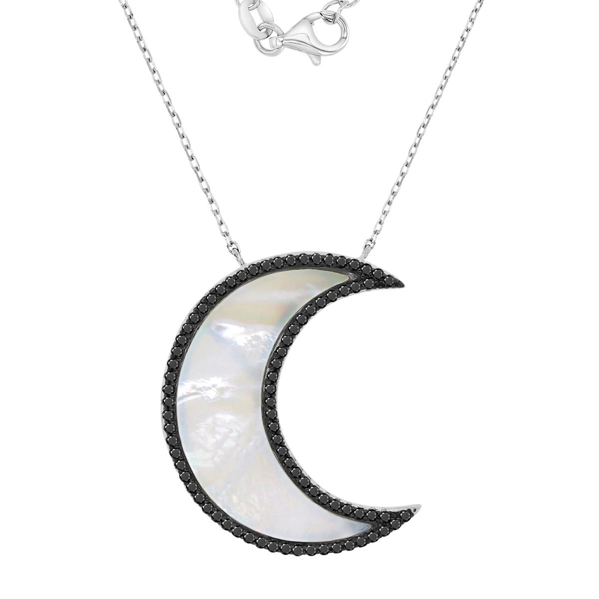 Sterling Silver Black & White 25.7x31mm Black Spinel & White MOP Half Moon 16+2" Necklace