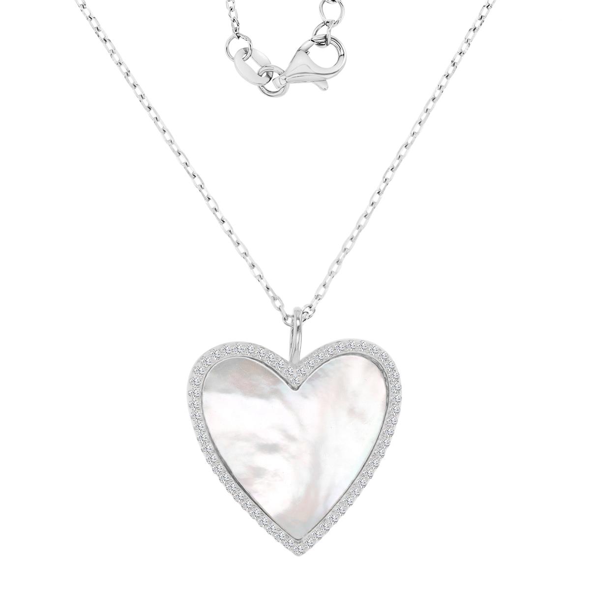 Sterling Silver Rhodium 21x24mm White CZ & White MOP Heart 16+2" Necklace