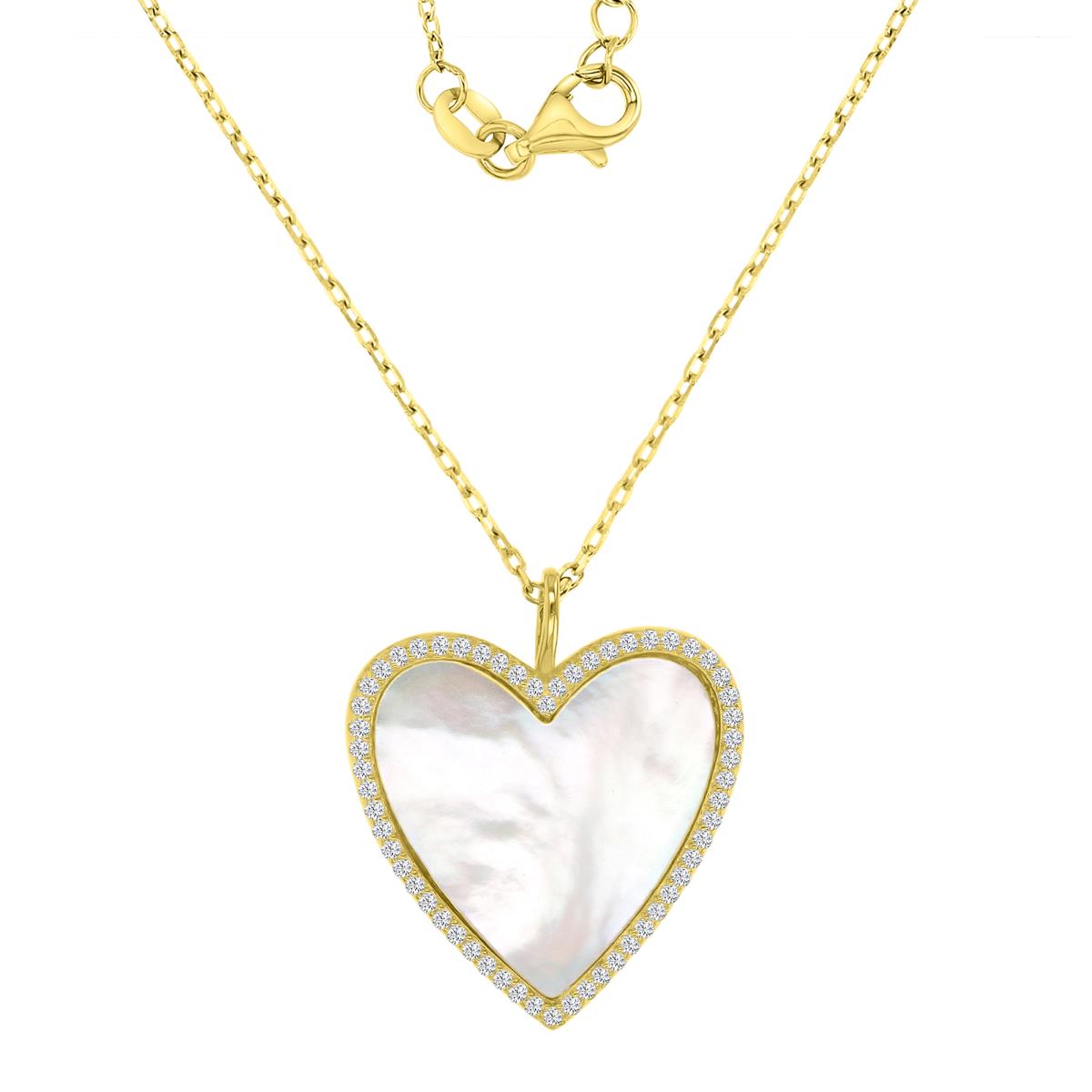 Sterling Silver Yellow 21x24mm White CZ & White MOP Heart 16+2" Necklace