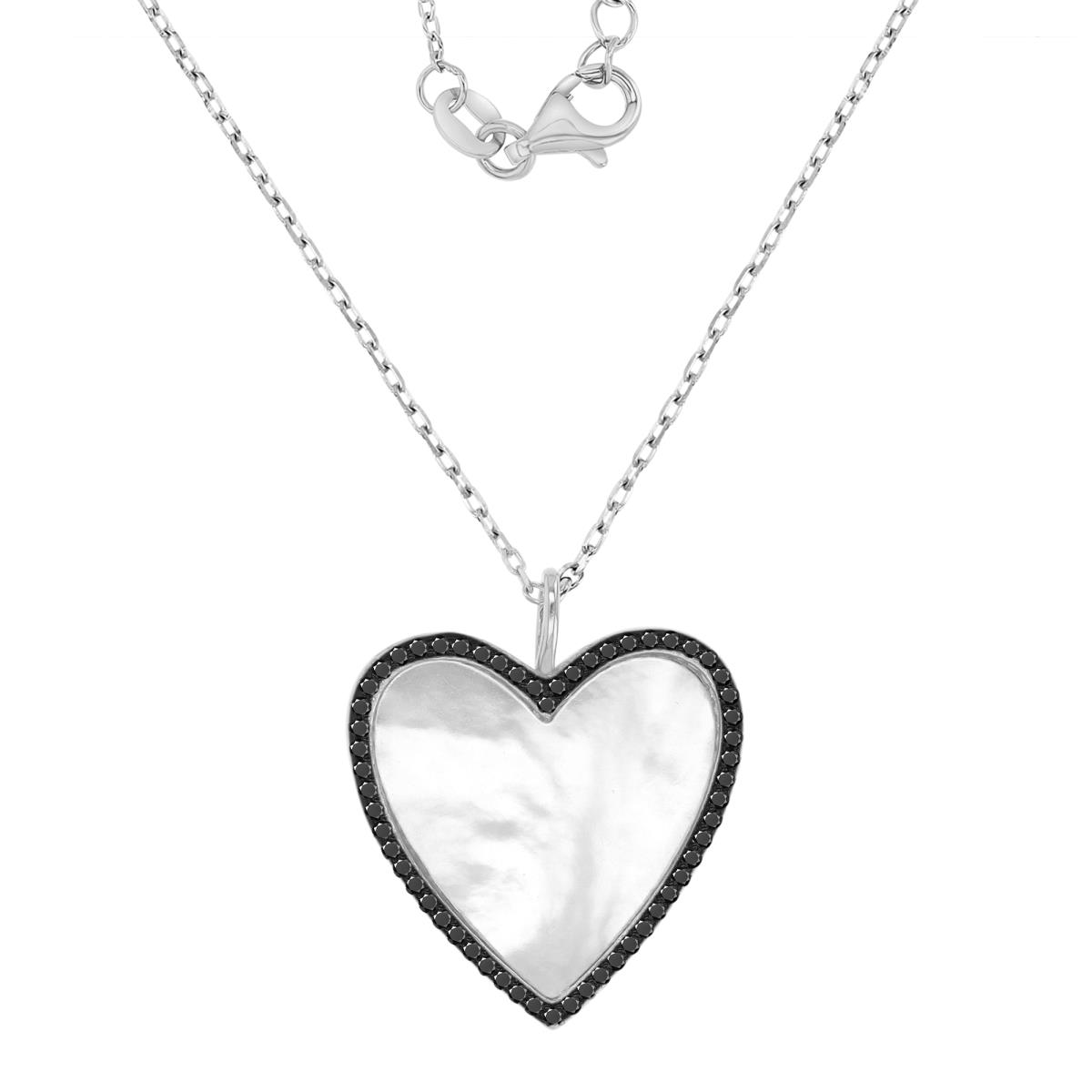 Sterling Silver Black & White 21x24mm Black Spinel & White MOP Heart 16+2" Necklace