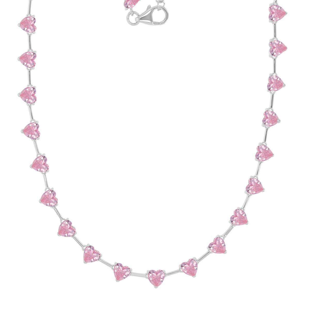 Sterling Silver Rhodium 5.5mm Pink CZ Heart Stations 16+2" Necklace