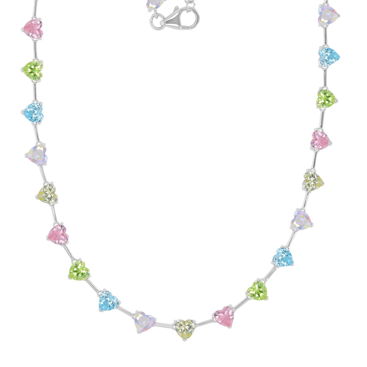 Sterling Silver Rhodium 5.5mm AB & Canary Yellow & Pink & Pale Green & Aqua Blue CZ Heart Stations 16+2" Necklace